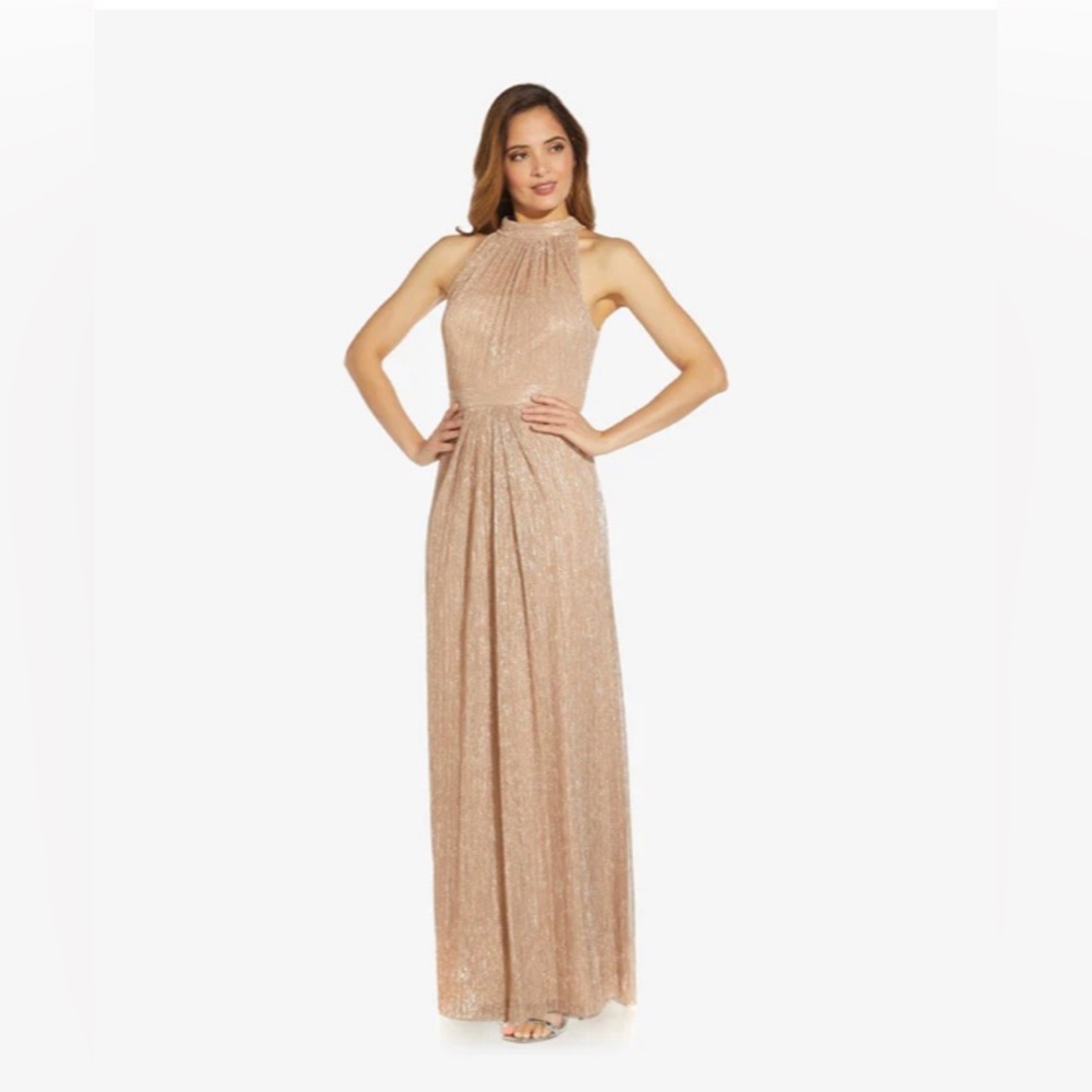 Adrianna Papell Metallic Halter Long Gown in Champagne Gold - from Nordstrom
